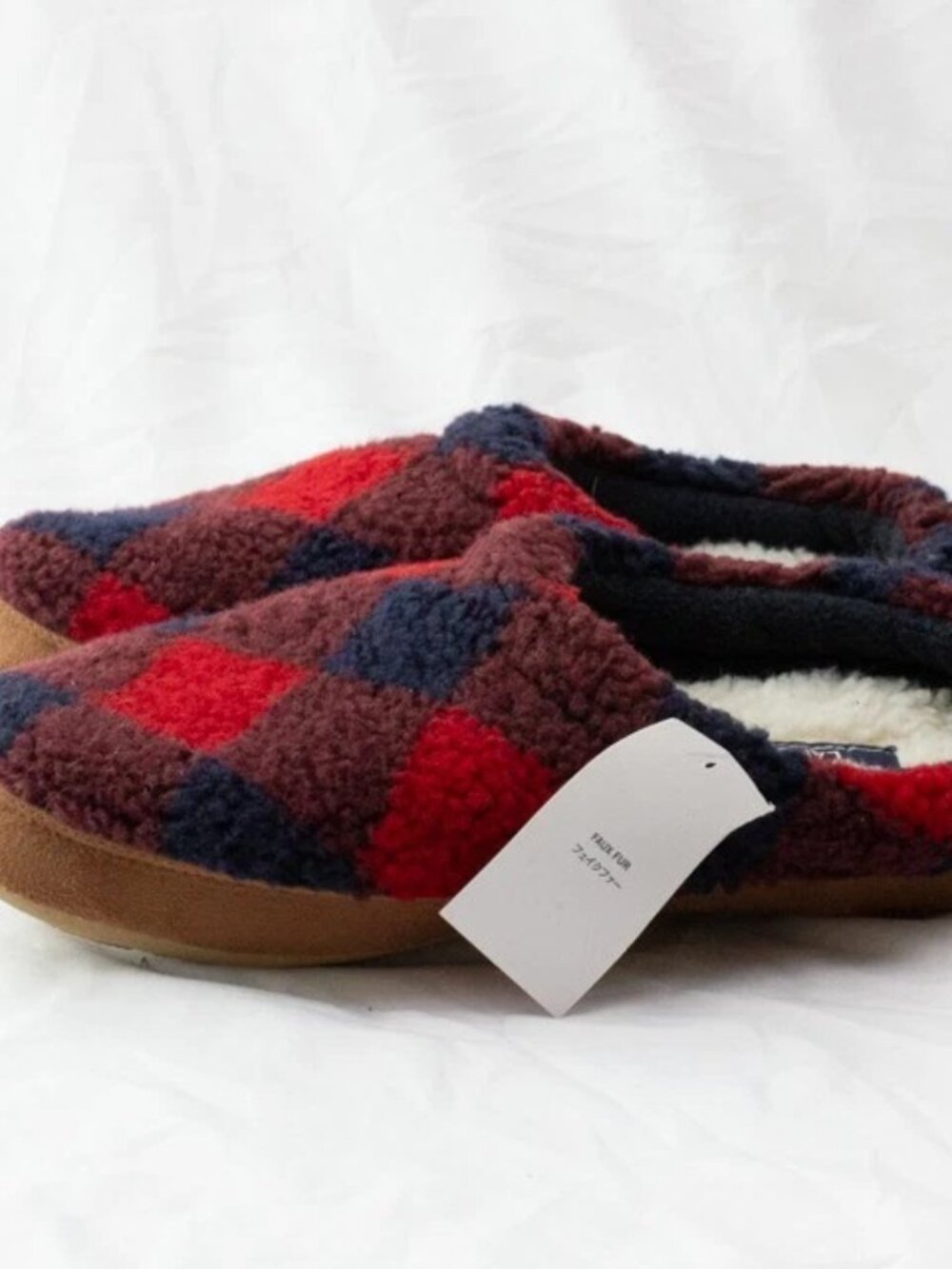 New WT Lands' End Size 6 Women Sherpa Fleece Clog Slippers Plaid Red Blue Brown
